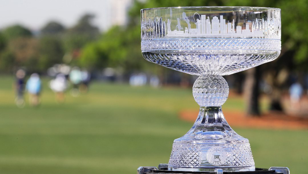 The championship trophy is displayed at the first tee during the first round of the Houston Open golf tournament Thursday, March, 28, 2024, in Houston.