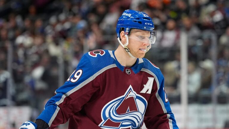 Colorado Avalanche center Nathan MacKinnon (29) in the second period of an NHL hockey game Thursday, April 18, 2024, in Denver. (AP Photo/David Zalubowski)
