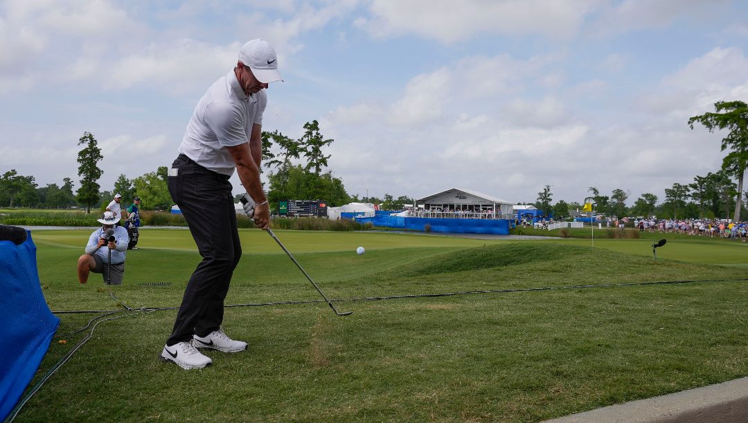 Rory McIlroy, of Northern Ireland, chips for the rough onto the 17th green during the final round of the PGA Zurich Classic golf tournament at TPC Louisiana in Avondale, La., Sunday, April 28, 2024.