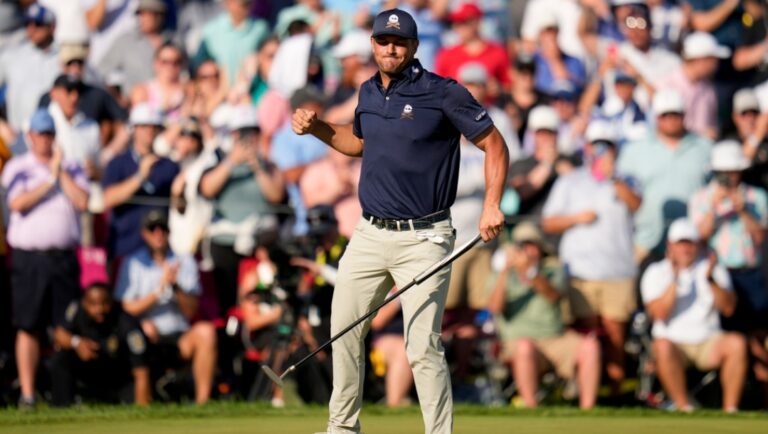 Bryson DeChambeau celebrates after a birdie on the 18th hole during the final round of the PGA Championship golf tournament at the Valhalla Golf Club, Sunday, May 19, 2024, in Louisville, Ky.