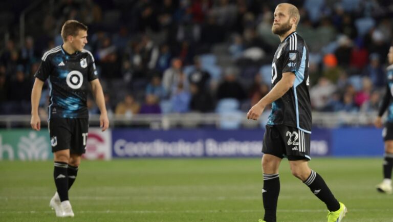 Minnesota United forward Teemu Pukki (22) and teammate midfielder Robin Lod (17) look on during an MLS soccer match against Real Salt Lake, Saturday, April 6, 2024, in St. Paul, Minn.