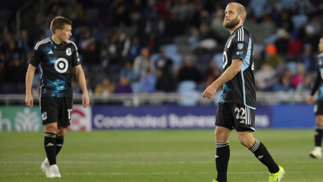 Minnesota United forward Teemu Pukki (22) and teammate midfielder Robin Lod (17) look on during an MLS soccer match against Real Salt Lake, Saturday, April 6, 2024, in St. Paul, Minn.