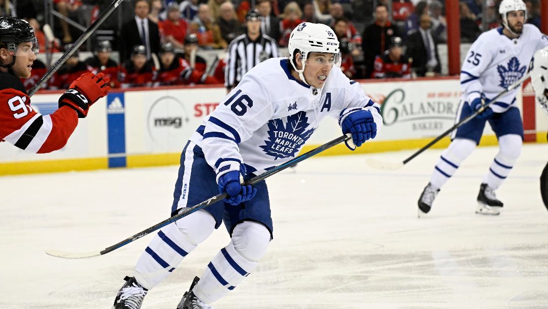 Toronto Maple Leafs right wing Mitch Marner (16) during the first period of an NHL hockey game against the New Jersey Devils Tuesday, April 9, 2024, in Newark, N.J.