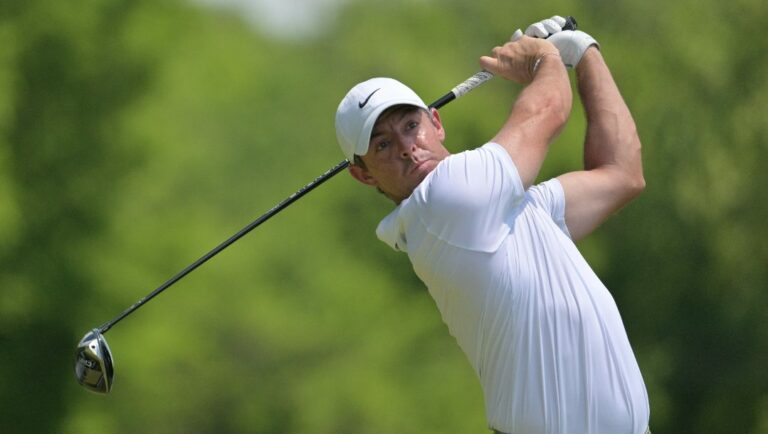 Rory McIlroy, of Northern Ireland, watches his tee shot on the fifth hole during the final round of the PGA Championship golf tournament at the Valhalla Golf Club, Sunday, May 19, 2024, in Louisville, Ky.
