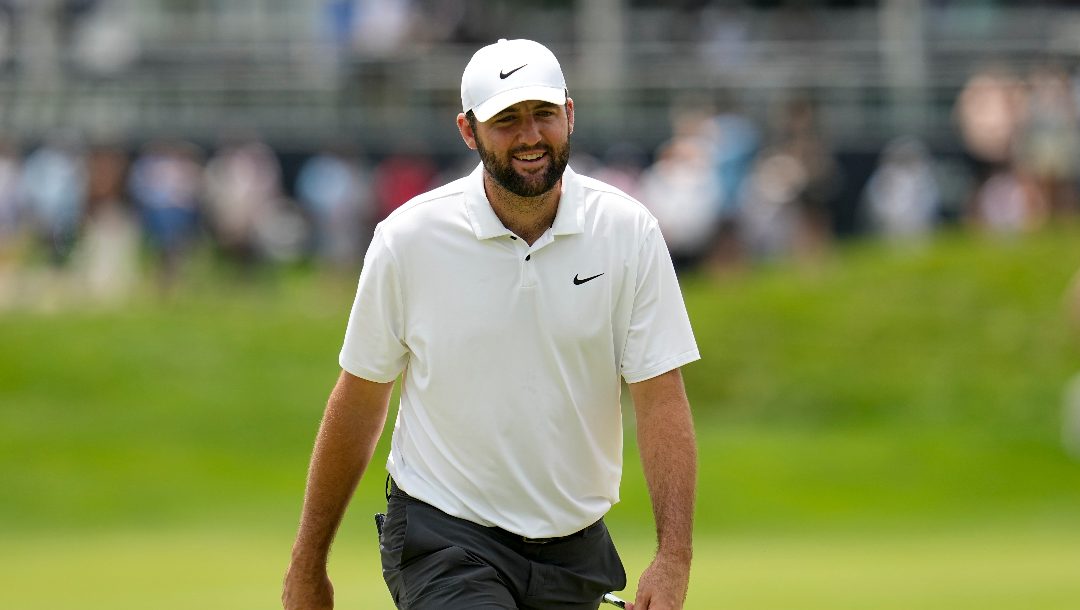 Scottie Scheffler walks to green on the 18th hole during a practice round for the PGA Championship golf tournament at the Valhalla Golf Club, Wednesday, May 15, 2024, in Louisville, Ky.