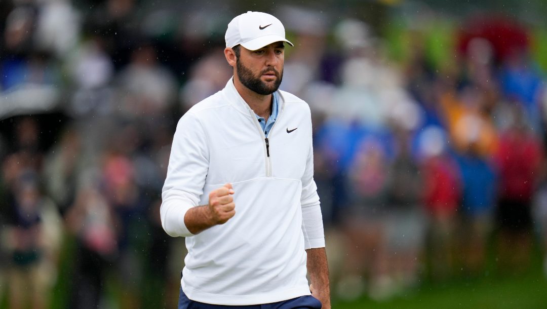 Scottie Scheffler celebrates after a birdie on the 12th hole during the second round of the PGA Championship golf tournament at the Valhalla Golf Club, Friday, May 17, 2024, in Louisville, Ky.