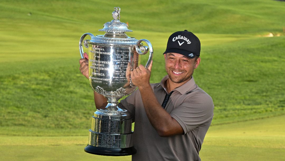 Xander Schauffele holds the Wanamaker trophy after winning the PGA Championship golf tournament at the Valhalla Golf Club, Sunday, May 19, 2024, in Louisville, Ky.