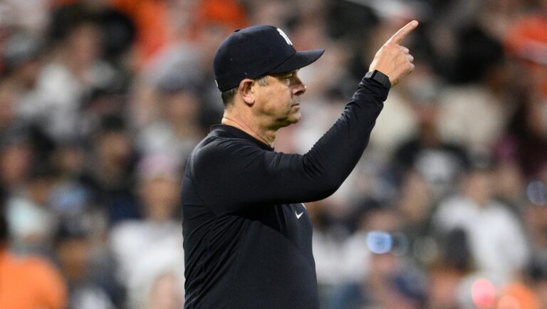 New York Yankees manager Aaron Boone (17) in action during a baseball game against the Baltimore Orioles, Wednesday, May 1, 2024, in Baltimore. (AP Photo/Nick Wass)