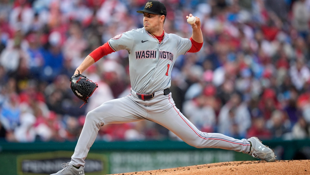 Washington Nationals' MacKenzie Gore pitches during the first inning of a baseball game against the Philadelphia Phillies, Saturday, May 18, 2024, in Philadelphia.