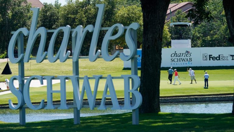 Matthew Fitzpatrick, of England, Denny McCarthy and Sepp Straka, of Austria, play on the 13th green during the first round of the Charles Schwab Challenge golf tournament at the Colonial Country Club in Fort Worth, Texas, Thursday, June 11, 2020.