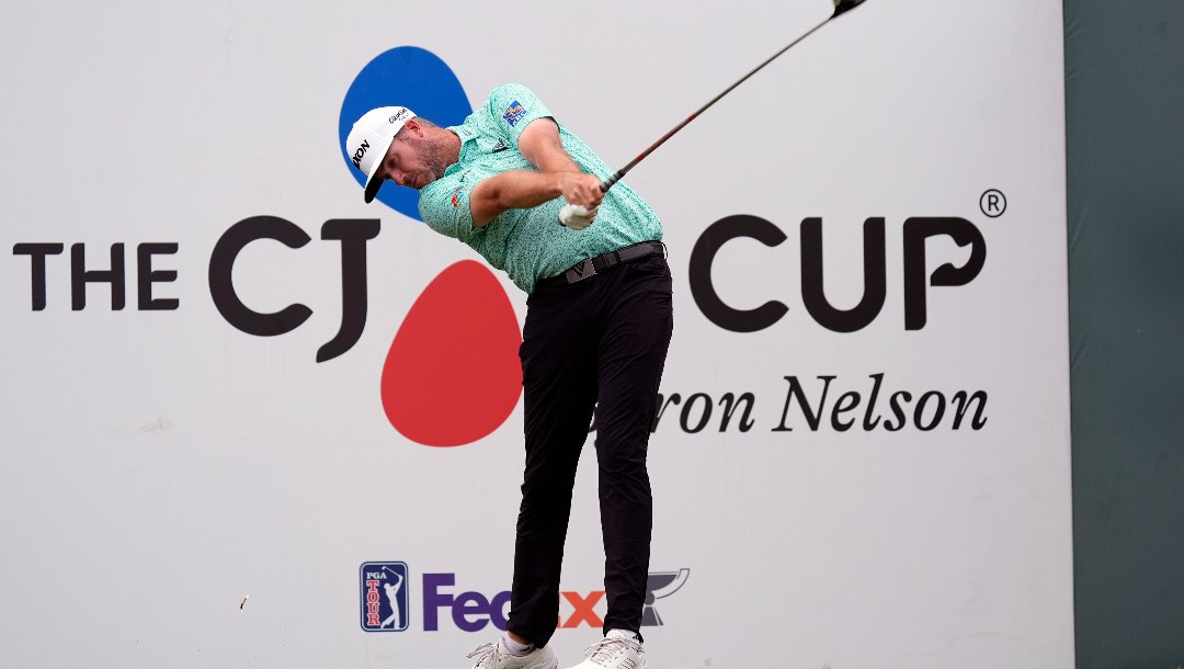 Taylor Pendrith hits a tee shot on the 18th hole during the third round of the Byron Nelson golf tournament in McKinney, Texas, Saturday, May 4, 2024.