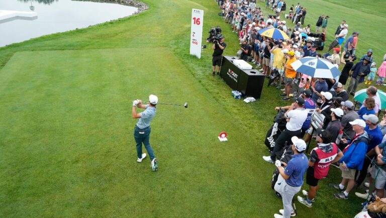 Collin Morikawa drives of the 16th tee during the final round of the Rocket Mortgage Classic golf tournament at Detroit Country Club, Sunday, July 2, 2023, in Detroit.