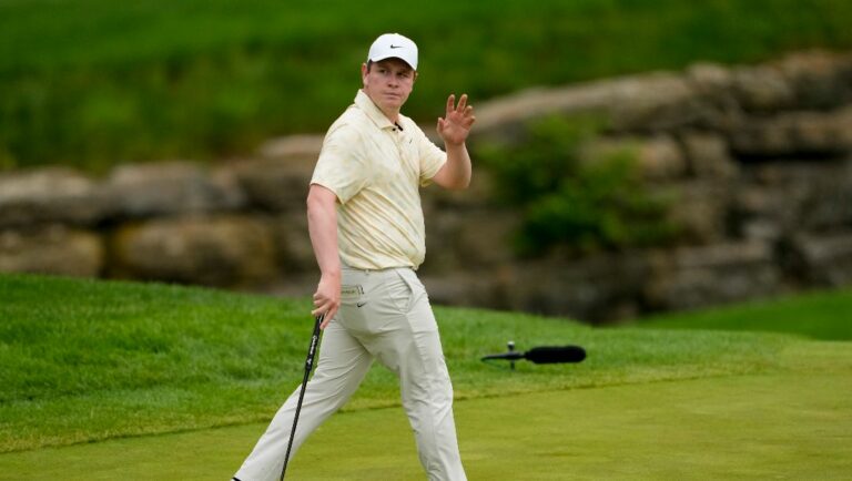 Robert MacIntyre, of Scotland, celebrates after a birdie on the 16th hole during the second round of the PGA Championship golf tournament at the Valhalla Golf Club, Friday, May 17, 2024, in Louisville, Ky.