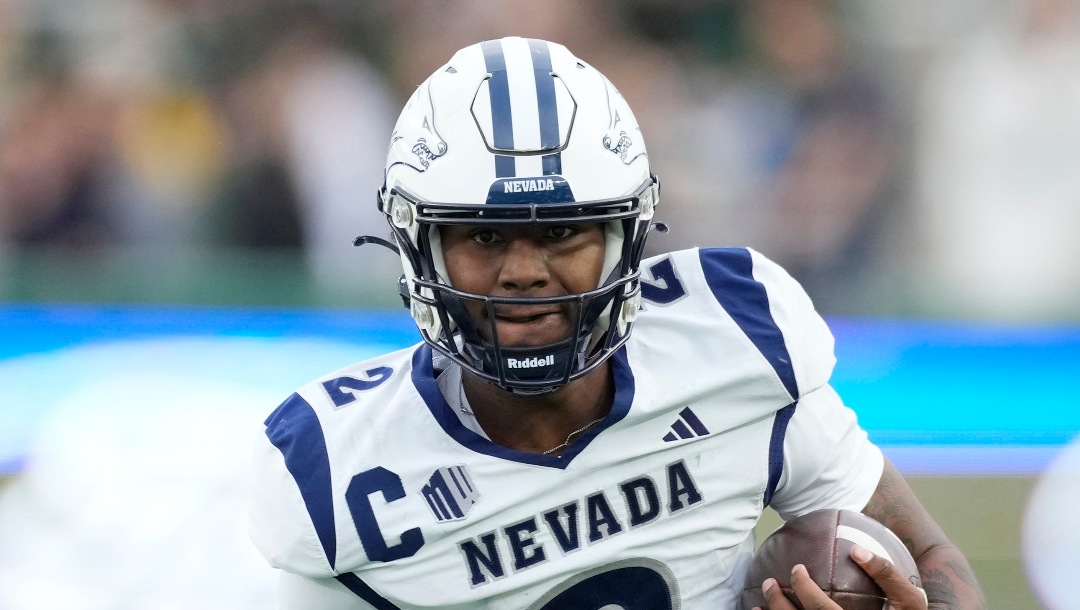 Nevada quarterback Brendon Lewis (2) in the second half of an NCAA college football game Saturday, Nov. 18, 2023, in Fort Collins, Colo. (AP Photo/David Zalubowski)