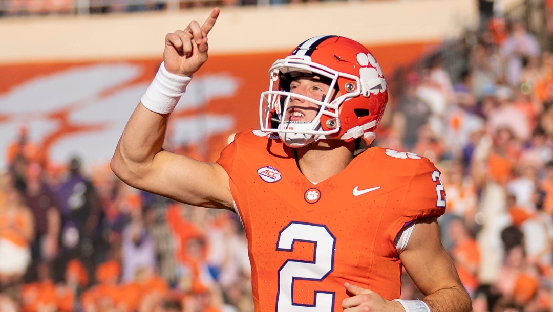 Clemson quarterback Cade Klubnik (2) runs onto the field before an NCAA college football game against North Carolina Saturday, Nov. 18, 2023, in Clemson, S.C. (AP Photo/Jacob Kupferman)