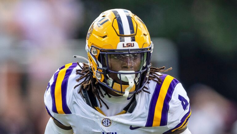 LSU linebacker Harold Perkins Jr. (4) during the first half of an NCAA football game on Saturday, Sept. 16, 2023, in Starkville, Miss. (AP Photo/Vasha Hunt)
