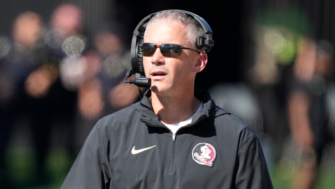 Florida State head coach Mike Norvell watches the action during the first half of an NCAA college football game against Wake Forest in Winston-Salem, N.C., Saturday, Oct. 28, 2023. (AP Photo/Chuck Burton)