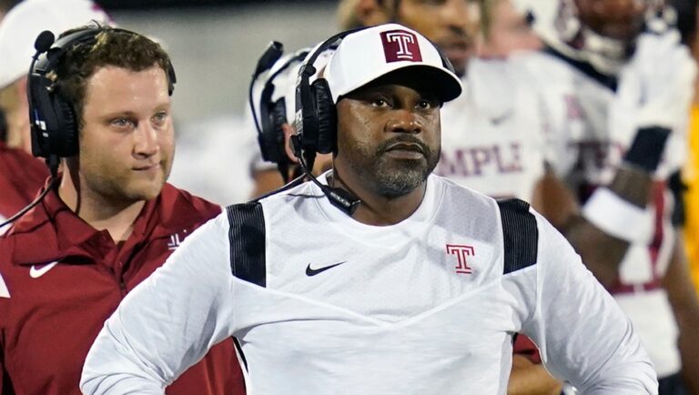 FILE - Temple head coach Stan Drayton walks the sidelines during the first half of an NCAA college football game against Central Florida, Thursday, Oct. 13, 2022, in Orlando, Fla. Temple plays at Rutgers on Saturday, Sept. 9, 2023. (AP Photo/John Raoux, File)