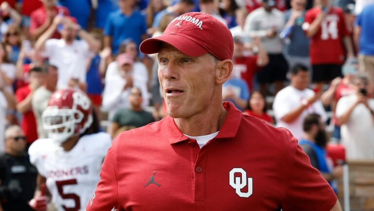 Oklahoma head coach Brent Venables runs onto the field before the start of an NCAA college football game against Tulsa, Saturday, Sept. 16, 2023, in Tulsa, Okla. (AP Photo/Alonzo Adams)