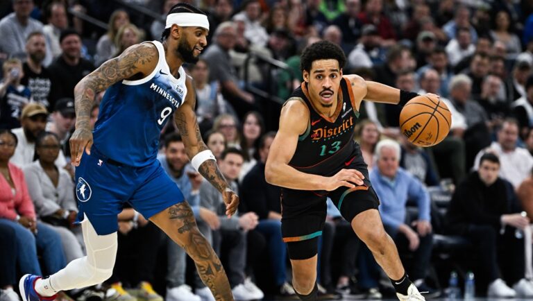 MINNEAPOLIS, MINNESOTA - APRIL 9: Jordan Poole #13 of the Washington Wizards dribbles the ball in the third quarter of the game against the Minnesota Timberwolves at Target Center on April 9, 2024 in Minneapolis, Minnesota.