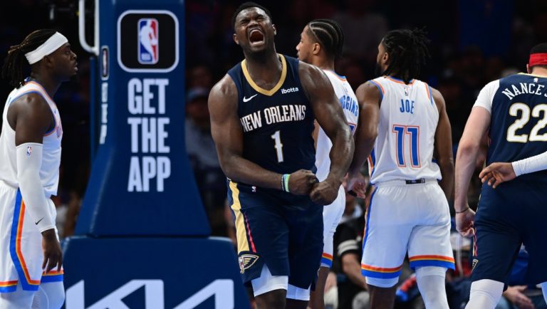 Zion Williams #1 of the New Orleans Pelicans reacts to a play in the second half against the Oklahoma City Thunder at Paycom Center on November 1, 2023 in Oklahoma City, Oklahoma.