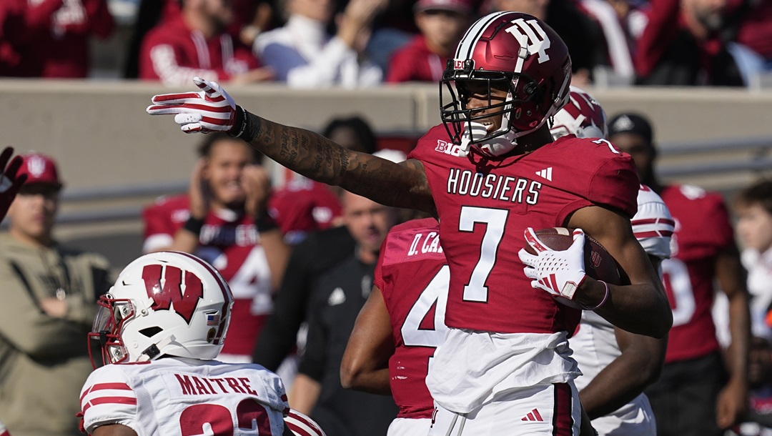 Indiana wide receiver E.J. Williams Jr. reacts during the first half of an NCAA college football game against Wisconsin, Saturday, Nov. 4, 2023, in Bloomington, Ind.