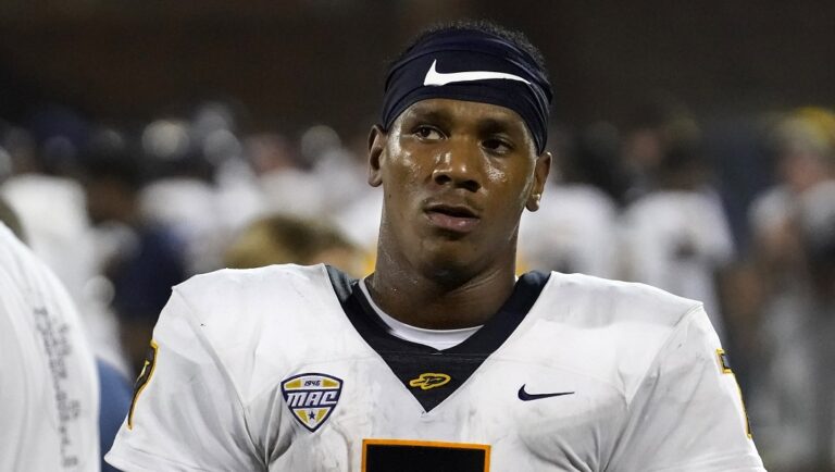 Toledo quarterback Dequan Finn walks the sidelines during an NCAA college football game against Illinois Saturday, Sept. 2, 2023, in Champaign, Ill.