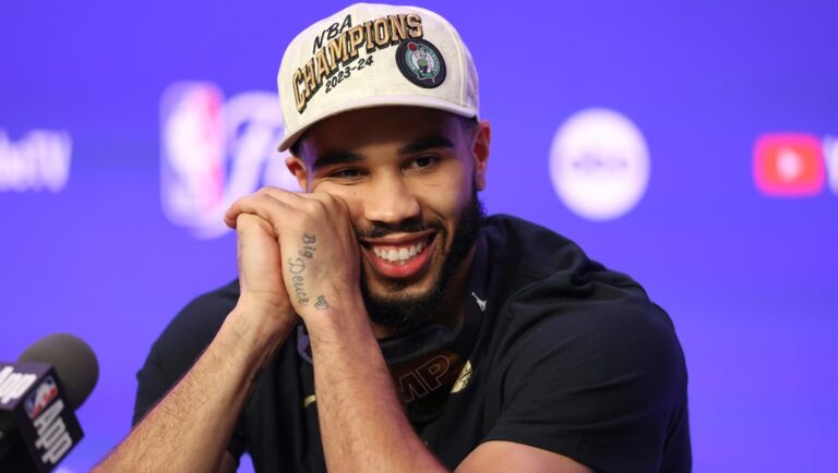 BOSTON, MA - JUNE 17: Jayson Tatum #0 of the Boston Celtics talks to the media after the game against the Dallas Mavericks during Game 5 of the 2024 NBA Finals on June 17, 2024 at the TD Garden in Boston, Massachusetts.