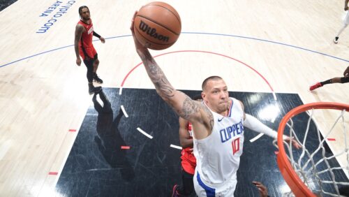 LOS ANGELES, CA - APIRL 14: Daniel Theis #10 of the LA Clippers dunks the ball during the game against the Houston Rockets on April 14, 2024 at Crypto.Com Arena in Los Angeles, California.