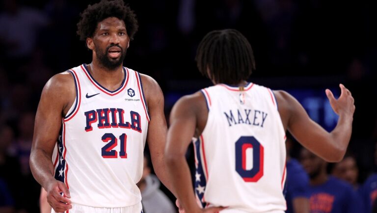 Tyrese Maxey #0 and Joel Embiid #21 of the Philadelphia 76ers talk during the second half against the New York Knicks at Madison Square Garden on April 30, 2024 in New York City. The Philadelphia 76ers defeated the New York Knicks 112-106 in overtime.