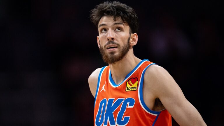CHARLOTTE, NORTH CAROLINA - APRIL 07: Chet Holmgren #7 of the Oklahoma City Thunder looks on during their game against the Charlotte Hornets at Spectrum Center on April 07, 2024 in Charlotte, North Carolina.