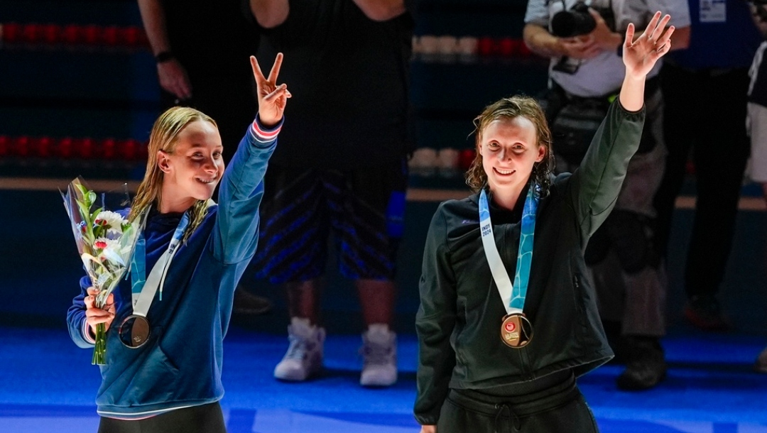 Katie Ledecky and Paige Madden celebrate after the Women's 800 freestyle finals Saturday, June 22, 2024, at the US Swimming Olympic Trials in Indianapolis.