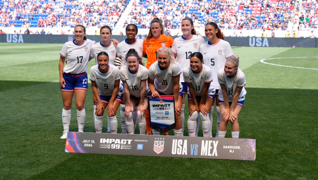The United States women's national team poses for a photo before a women's international friendly soccer match against Mexico, Saturday, July 13, 2024, in Harrison, N.J.