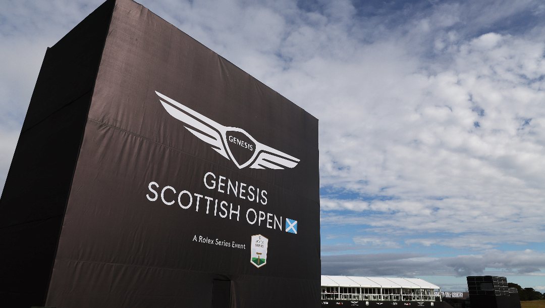 A general view of event signage at the fifth green during day two of the Genesis Scottish Open at The Renaissance Club on July 12, 2024 in North Berwick, Scotland.