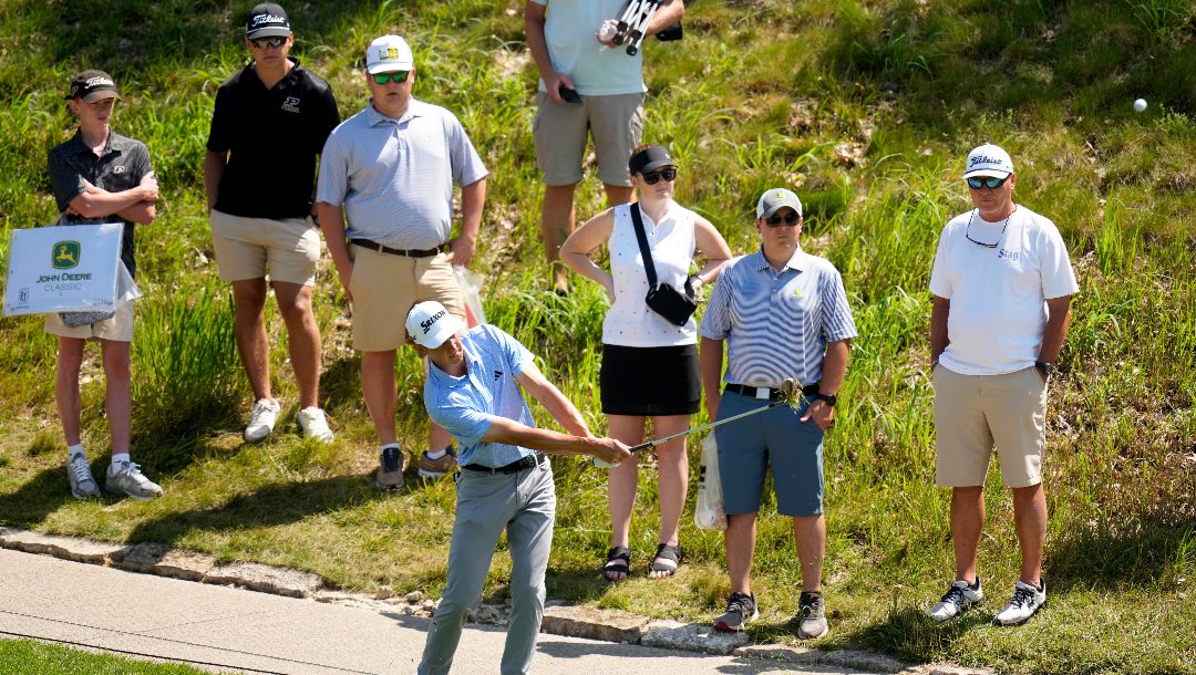 Peter Kuest hits on the first fairway during the third round of the John Deere Classic golf tournament, Saturday, July 8, 2023, at TPC Deere Run in Silvis, Ill.