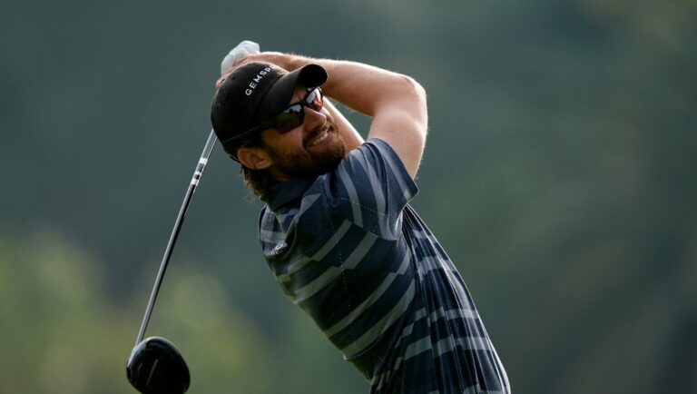 Patrick Rodgers tees off on the second hole during the second round of the Genesis Invitational golf tournament at Riviera Country Club Friday, Feb. 16, 2024, in the Pacific Palisades area of Los Angeles.