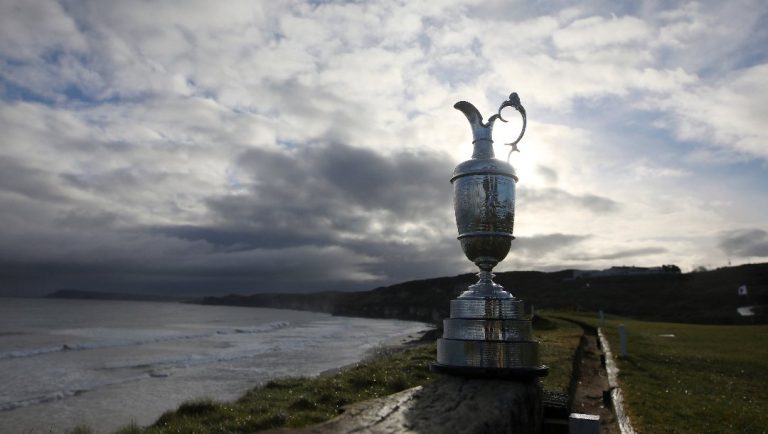 In this Tuesday April 2, 2019 file photo the Claret Jug is placed on display to the media at Royal Portrush, Dunluce course, Northern Ireland.