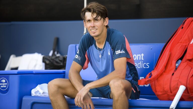 Alex de Minaur, of Australia, is seen after his win against Jensen Brooksby, of the United States, during a singles finals match at the Atlanta Open Tennis tournament Sunday, July 31, 2022, in Atlanta.