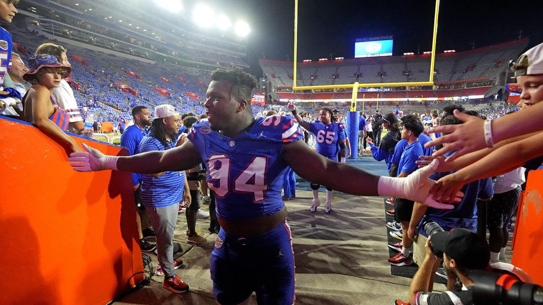 Florida defensive lineman Tyreak Sapp (94) greets fans as he leaves the field after defeating Tennessee in an NCAA college football game, Saturday, Sept. 16, 2023, in Gainesville, Fla.