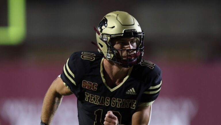 Texas State wide receiver Joey Hobert (10) competes against Louisiana Monroe during an NCAA football game on Saturday, Oct. 14, 2023, in San Marcos Texas. (AP Photo/Stephen Spillman)