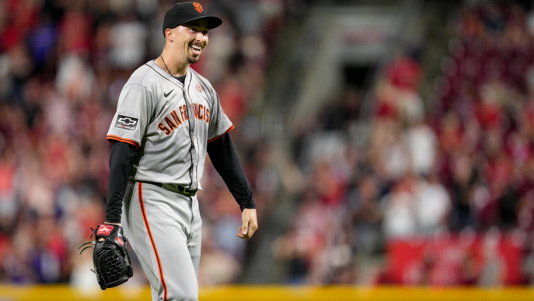 San Francisco Giants pitcher Blake Snell reacts after his no-hitter in nine complete innings of a baseball game against the Cincinnati Reds, Friday, Aug. 2, 2024, in Cincinnati.