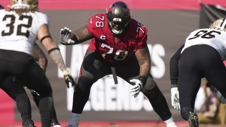 Tampa Bay Buccaneers offensive tackle Tristan Wirfs (78) protects the pocket during an NFL football game against the New Orleans Saints, Sunday, Dec. 31, 2023, in Tampa, Fla.