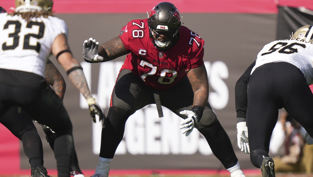 Tampa Bay Buccaneers offensive tackle Tristan Wirfs (78) protects the pocket during an NFL football game against the New Orleans Saints, Sunday, Dec. 31, 2023, in Tampa, Fla.