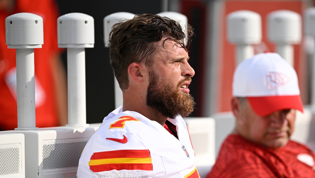 Kansas City Chiefs kicker Harrison Butker (7) warms up before a preseason NFL football game against the Jacksonville Jaguars, Saturday, Aug. 10, 2024, in Jacksonville, Fla. (AP Photo/Phelan M. Ebenhack)