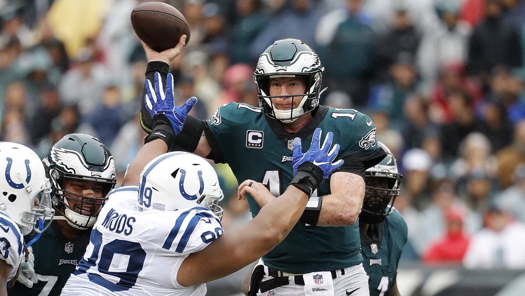 Philadelphia Eagles quarterback Carson Wentz passes during an NFL football game against the Indianapolis Colts at Lincoln Financial Field, Sunday, Sept. 23, 2018 in Philadelphia.