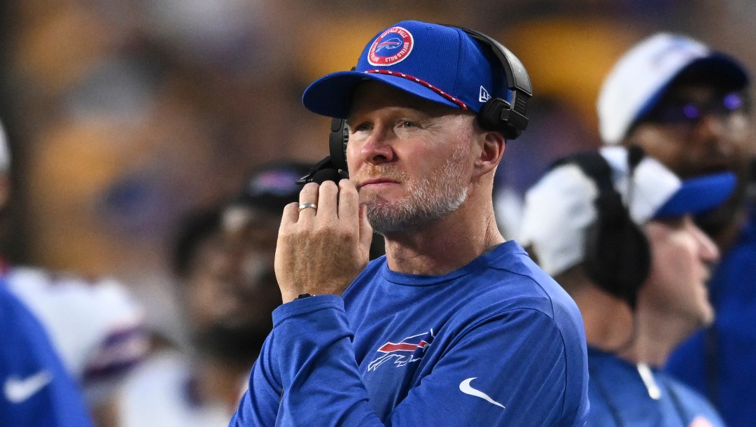 Buffalo Bills head coach Sean McDermott walks the sideline during the second half of an NFL preseason football game against the Pittsburgh Steelers, Saturday, Aug. 17, 2024, in Pittsburgh. (AP Photo/David Dermer)