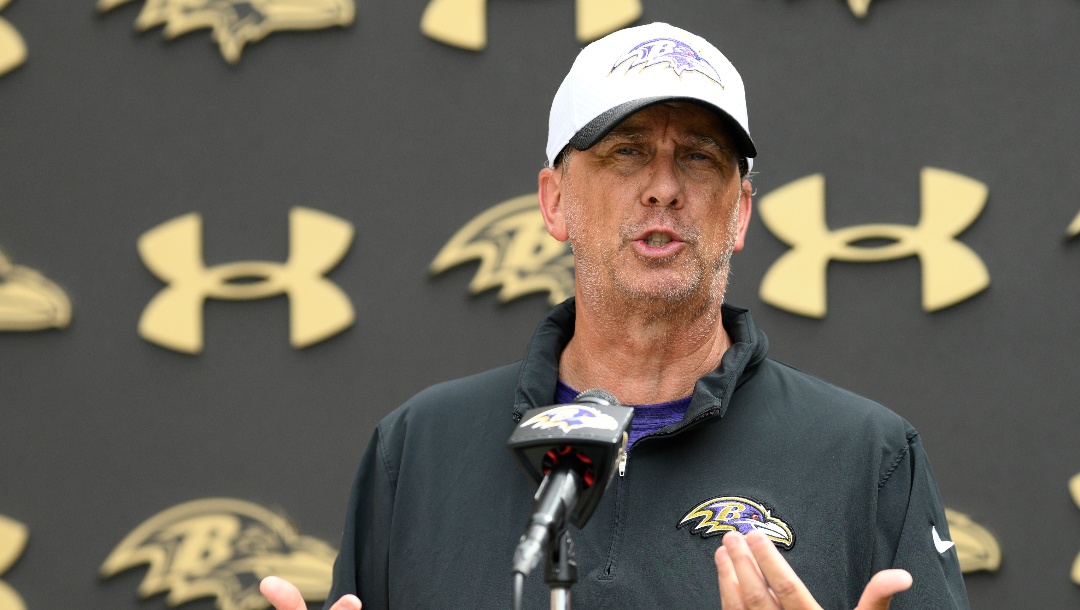 Baltimore Ravens offensive coordinator Todd Monken speaks to the media after a NFL football training camp, Wednesday, July 24, 2024, in Owings Mills, Md. (AP Photo/Nick Wass)