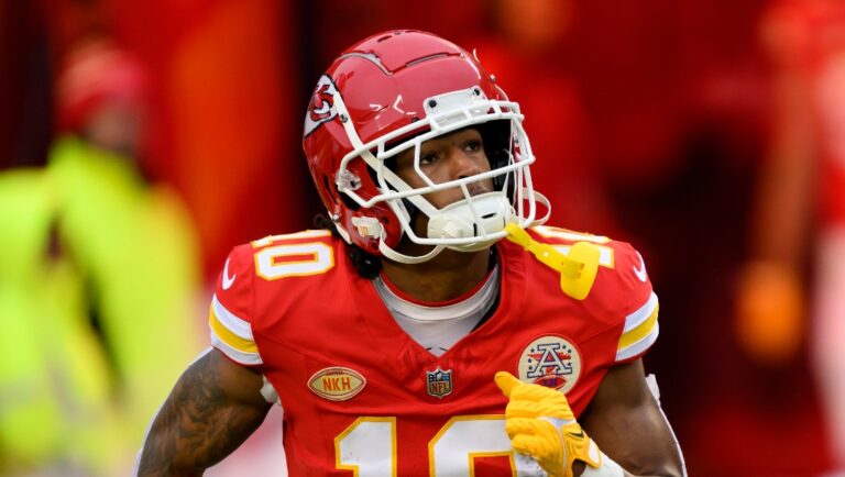 Kansas City Chiefs running back Isiah Pacheco comes onto the field during introductions before an NFL football game against the Cincinnati Bengals, Sunday, Dec. 31, 2023 in Kansas City, Mo. (AP Photo/Reed Hoffmann)