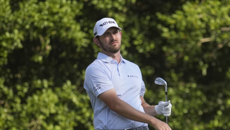 Patrick Cantlay watches his tee shot on the 15th hole during the second round of the U.S. Open golf tournament Friday, June 14, 2024, in Pinehurst, N.C.