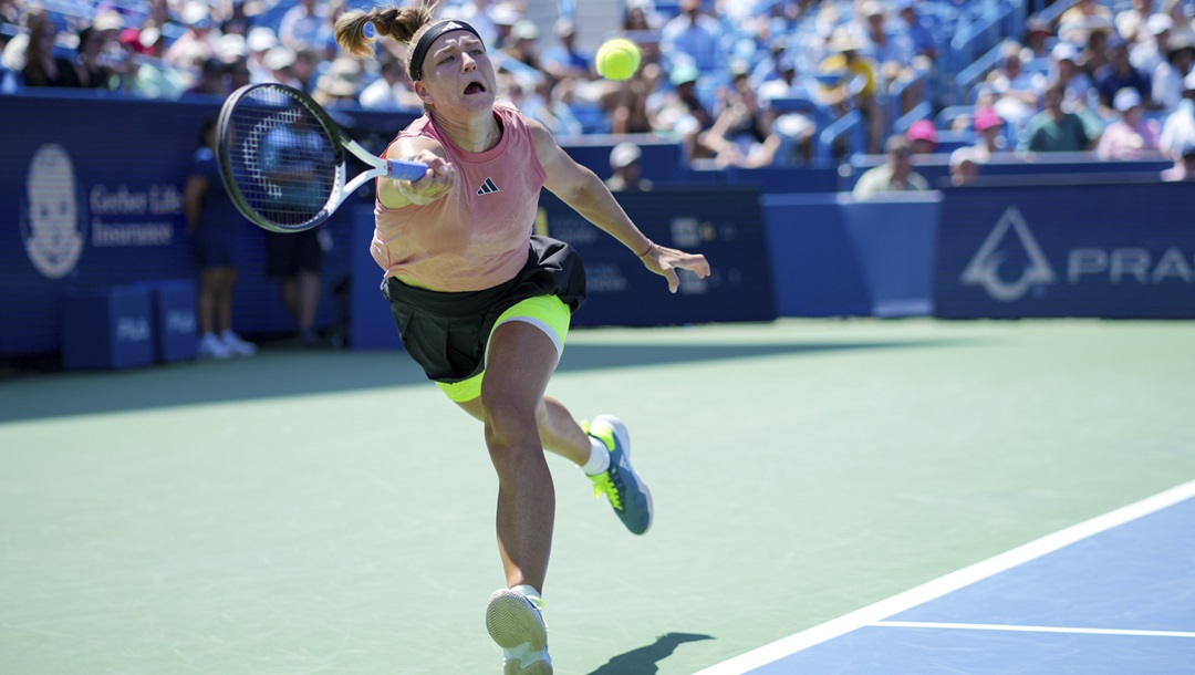 Karolina Muchova, of the Czech Republic, returns a shot to Coco Gauff, of the United States, during the women's singles final of the Western & Southern Open tennis tournament, Sunday, Aug. 20, 2023, in Mason, Ohio.